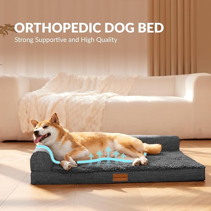 Patas Lague Orthopedic XL Dog Bed Large Sized Dog 48''X30'', Waterproof L Bolster Big Large Pet Sofa Beds with Removable Washable Cover, Soft Pet Couch Crate Mat with Nonskid Bottom, Dark Grey