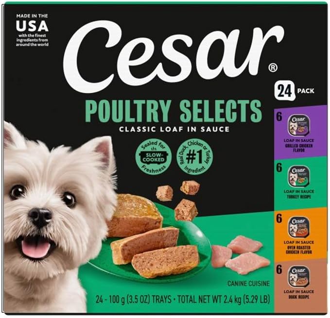 Cesar Classic Loaf in Sauce Adult Wet Dog Food with Duck, Oven Roasted Chicken, Grilled Chicken, and Turkey Recipes, 3.5 oz. Easy Peel Trays, Variety Pack (24 Count, Pack of 1)