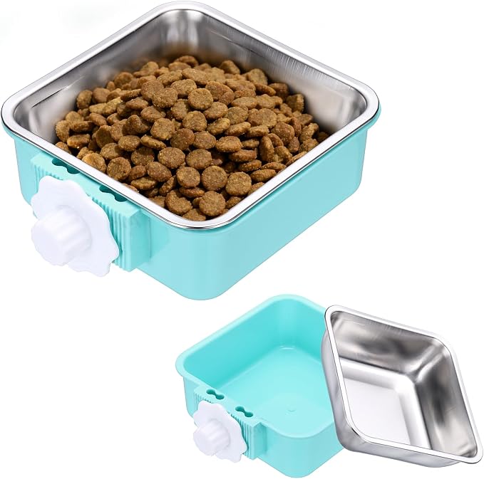 Crate Dog Bowl, Removable Stainless Steel Pet Cage Hanging Anti-Overturn Food Water Feeder Cage Cup (Square, Light Blue, 17.7oz), Intended for Puppies/Cat/Rabbit/Bird