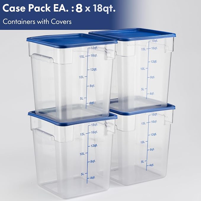 CURTA 8-Pack 18 Qt NSF Clear Polycarbonate Food Storage Containers with Blue Lids - Square, Commercial-Grade, Freezer & Dishwasher Safe, Stackable