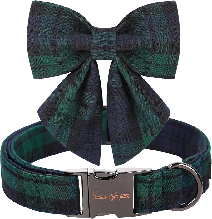 Unique style paws Christmas Dog Collar with Bow Tie Green Plaid Puppy Collar for Small Medium Large Dogs as Autumn Winter Pet Gifts-XL