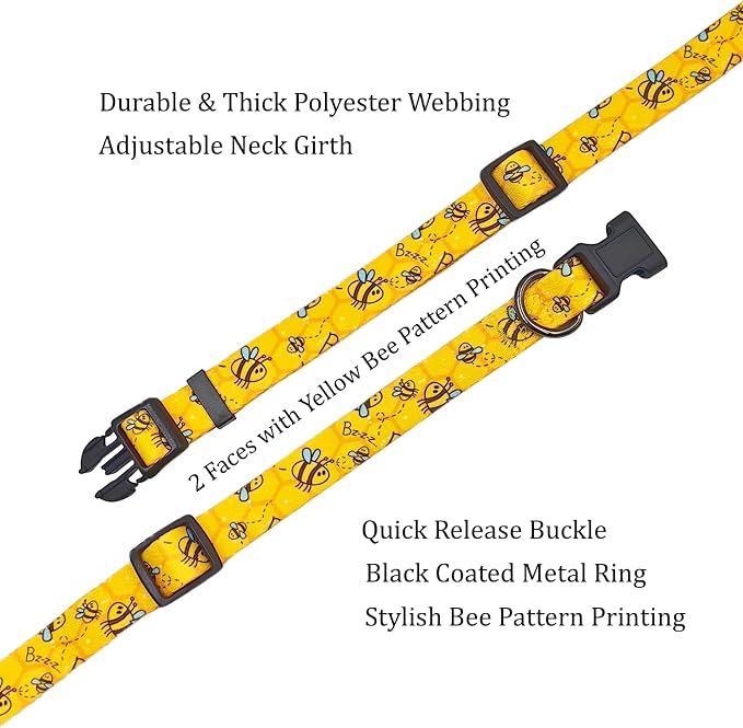 Dog Collar Leash Set, Busy Bee Pattern, 5ft Matching Leash, Polyester Material, 4 for Small Medium Large Dogs.(S, Bee)