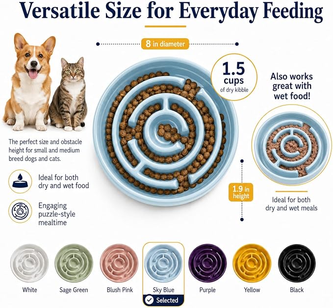 Ceramic Slow Feeder Dog Bowls with Anti-Slip, Slow Feeder & Non-Slip Design, Boredom and Anxiety Reducer, Suitable for All Breed Dogs and Cat (Ceramic-Blue)