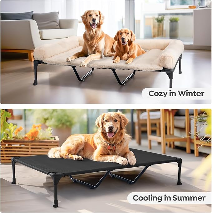 Veehoo Orthopedic Elevated Dog Bed with Fluffy Plush Bolster Cushion, Indoor Raised Dog Beds for Large Dogs, Soft Pet Sofa Cot with Removable Washable Mat, No-Slip Feet, 59 x 37 inches, Cream White