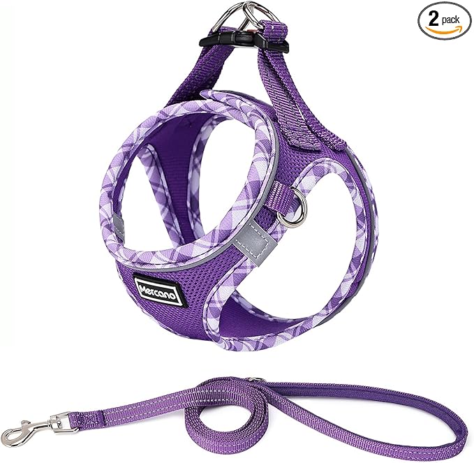 Mercano Soft Mesh Dog Harness and Leash Set, Step-in Reflective Breathable Lightweight Vest Harnesses with Safety Buckle for Small Dogs, Cats (XS, Purple)