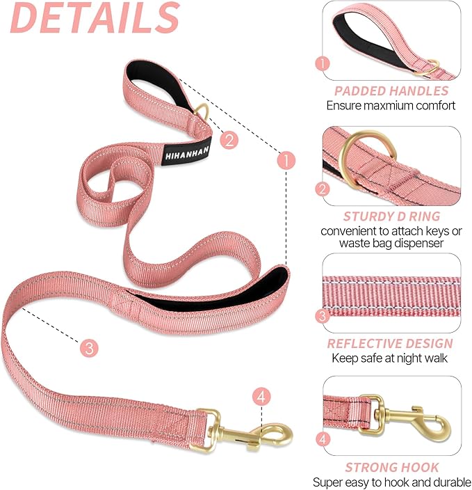 Reflective Dog Leash with Double Handle, Dog Leash 4 FT Long, Supports Medium and Large Dogs, Heavy Duty for Walking, Running, and Training, Pink