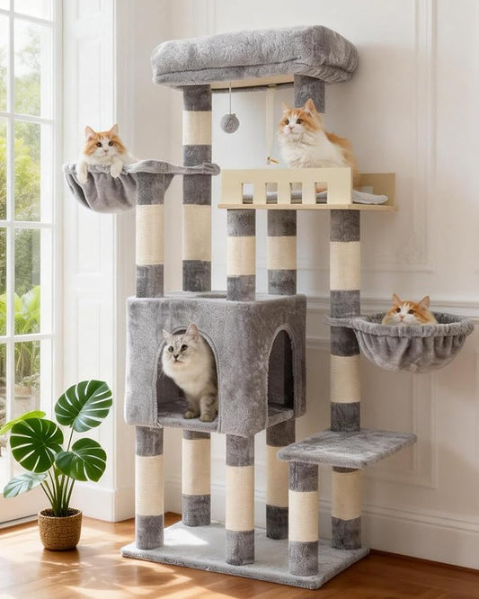 Gitelsnour Cat Tree for Indoor Cats Large Adult, Heavy Duty Cat Tree for Large Cats 20 lbs+, Cat Condo with Big Wooden Perch, Cat Tower with 14 Scratching Posts, Hammock, Light Gray GCT023W