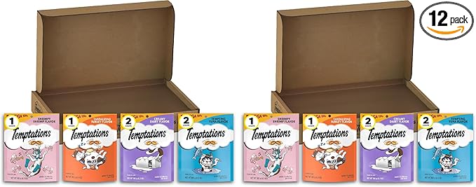 Temptations Cat Treats Classic Crunchy and Soft Cat Treats Variety Pack,6.3 oz. Pouches,(Pack of 12)