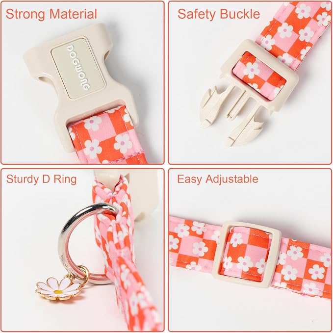 DOGWONG Pink Checked Dog Collar for Small Dogs, Flower Girl Dog Collars, Floral Pink Girly Dogs Collars for X-Small Puppies Dogs, Neck 8-12 inches