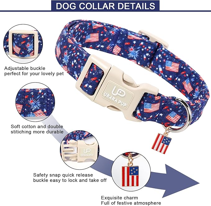 American Flag Dog Collar, 4th of July Cotton Patriotic Pet Collar, Adjustable Durable Quick Release Buckle with Charm for Small Medium Large Dogs