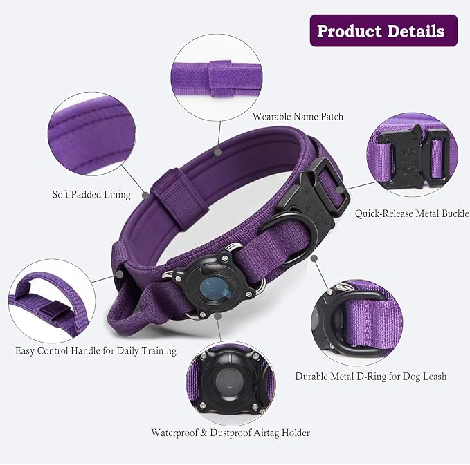 Upgraded AirTag Dog Collar,Waterproof Tactical Dog Collar with AirTag Holder, Control Handle and Metal Buckle,Heavy Duty Dog Collars for Large Dogs Adjustable Heavy Duty Dog Collars(DeepPurple，XL