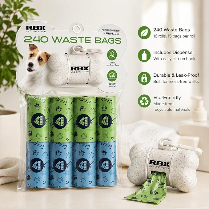 RBX Dog Poop Bags Rolls with Holder for Leash, 240 Poop Bags for Dogs with Clip-On Dispenser, Durable Leak-Proof Waste Bags, 16 Refill Rolls, Recyclable Material