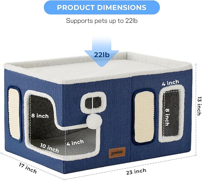 ZOMISIA Extra-Wide Cat House for Indoor Cats - Large Cat House for Pet with Fluffy Ball Hanging and Scratch Pad, Foldable Cat Hideaway for Multi Cats, 23x16.5x13 inches, Green