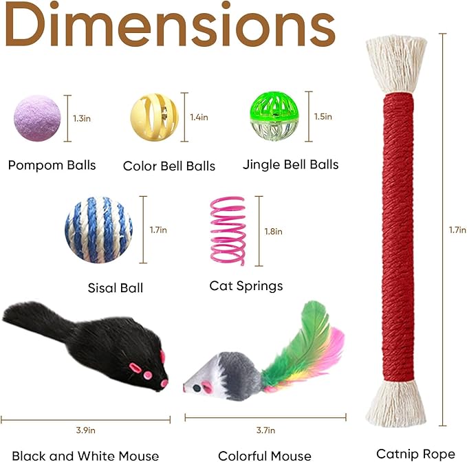 Cat Toys for Indoor Cats, 34 Packs Interactive Cat Toy Set with Colorful Springs Toys, Mouse Toy, Catnip Ropes, Balls, Bells, and Sisal Ball for Kitten Toys