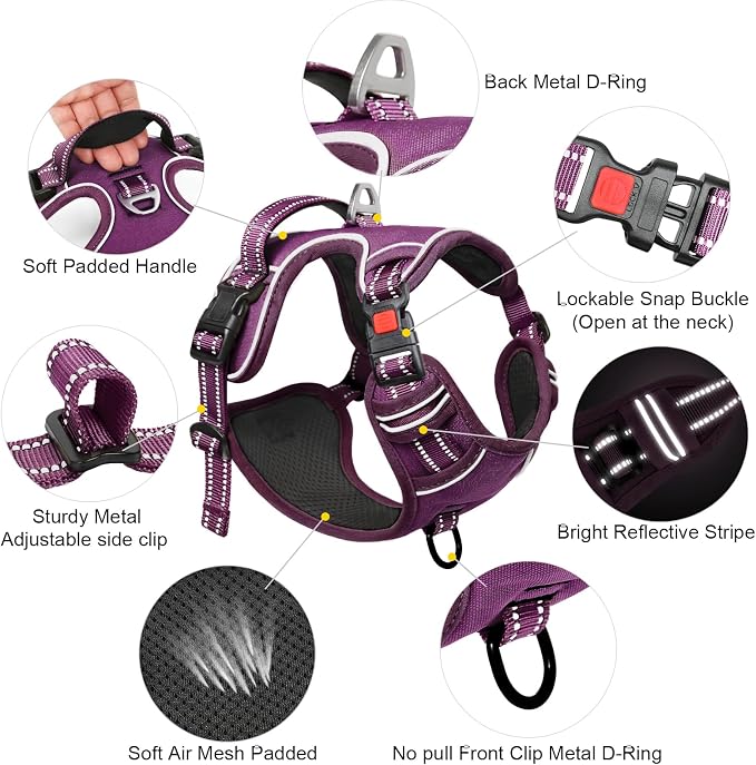 Timos Dog Harness Medium Sized, No Pull Pet Harness with Neck Lockable Snap, No Choke Front Clip Reflective Vest, Adjustable Metal Rings 3 Buckles, Easy Control Handle for Medium Dogs Grape Purple M