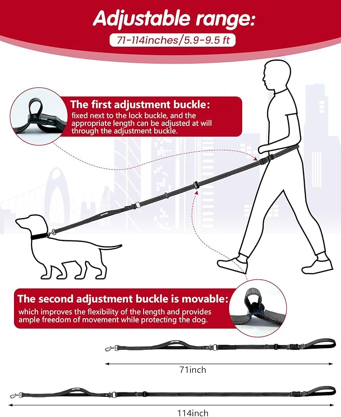 Hands Free Dog Leash, Multifunctional Crossbody Dog Leash, 5.9-9.5Ft Long Waist Belt with Car Safety Buckle and Double-Sided Reflective Stitches for Medium and Large Dogs.(Black)
