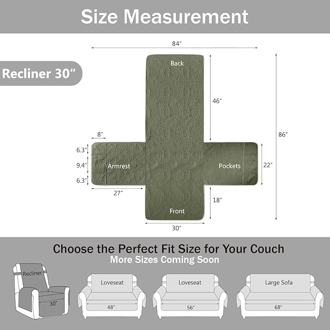 Large Green Recliner Chair Covers, Quilted Décor Water-Repellent Lazy Boy Chair Covers, Pet Friendly Large Recliner Cover for Dogs Cats, Washable TV Chair Cover (Recliner 30", Olive Green)