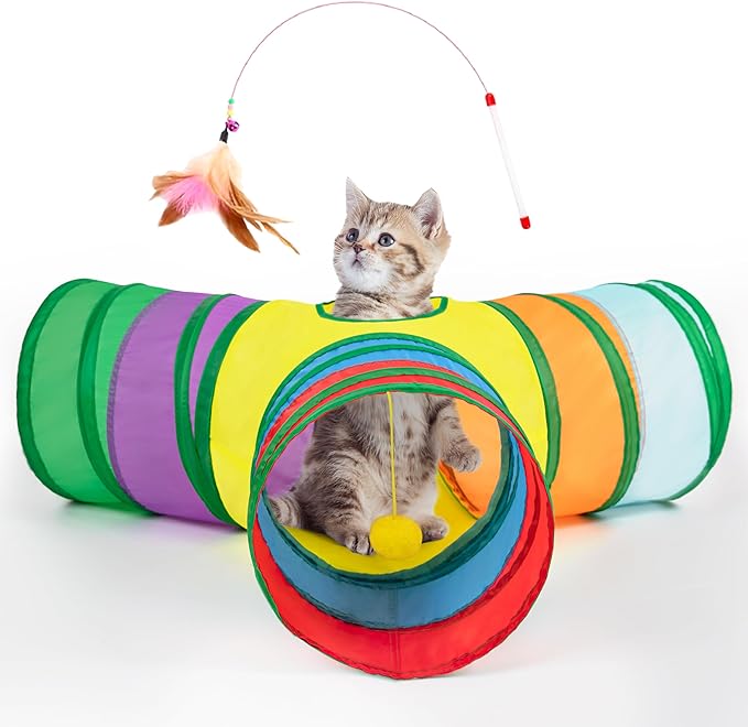 Tempcore Cat Tunnel for Indoor Cats, 3 Way Collapsible Pet Play Tunnel with Teaser Wand, Peek Holes & Hanging Ball, Interactive Tube for Kittens & Rabbits, Rainbow