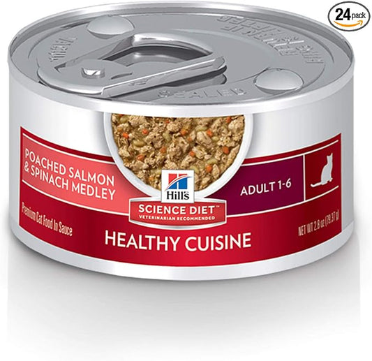 Hill's Science Diet Adult 1-6 Healthy Cuisine Wet Cat Food, Poached Salmon & Spinach Stew, 2.8 oz. Cans, 24-Pack