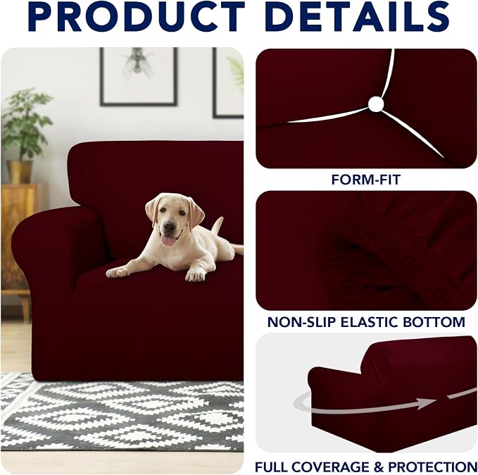 PureFit 100% Dual Waterproof Couch Cover Slipcovers for Couches and Sofas - Stretch Non Slip Fleece Sofa Covers Washable, Leakproof Furniture Protector for Kids, Pets, Dog (Loveseat, Wine)