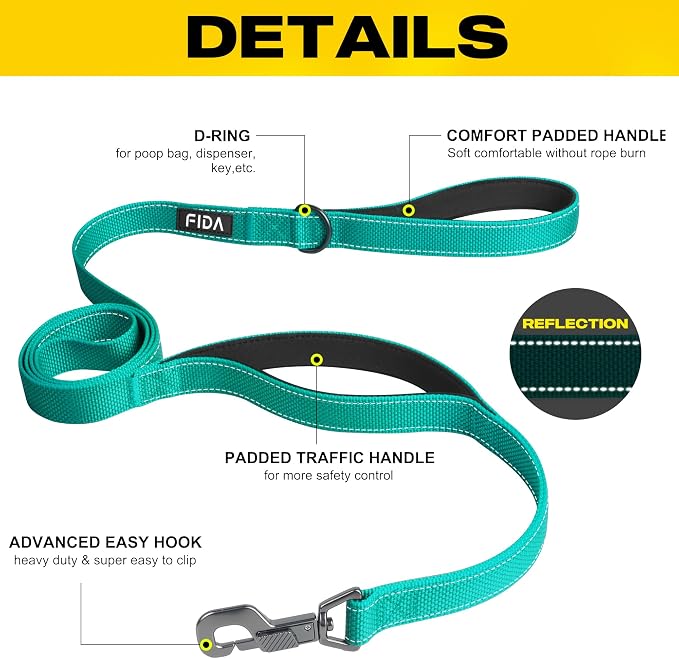 Fida 6 FT Heavy Duty Dog Leash with 2 Comfortable Padded Handles, Traffic Handle & Advanced Easy Snap Hook, Reflective Walking Lead for Large, Medium & Small Breed Dogs, Teal