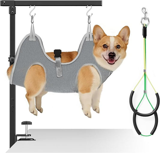 niffgaff Adjustable Dog Grooming Arm with Clamp, 26″–40″ Height, M Hammock with Back Buckle, No-Sit Grooming Restraint for Small & Medium Dogs