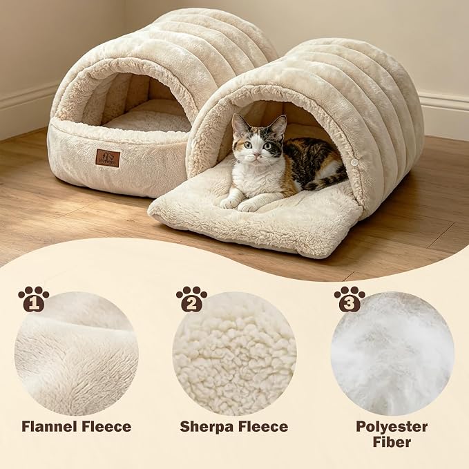 Covered Cat Bed Cave for Indoor Cats, 2-in-1 Enclosed Pet Bed for Kittens with Zippered Washable Cat Mats, Cat House Bed, Beige