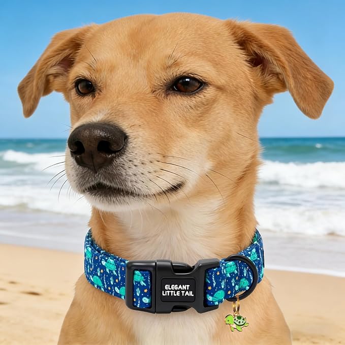 Elegant Little Tail Summer Dog Collar, Blue Turtle Pattern Soft Cotton Pet Collars with Sturdy Quick Release Buckle Male Adjustable Pet Collar for Small Medium Large Dogs