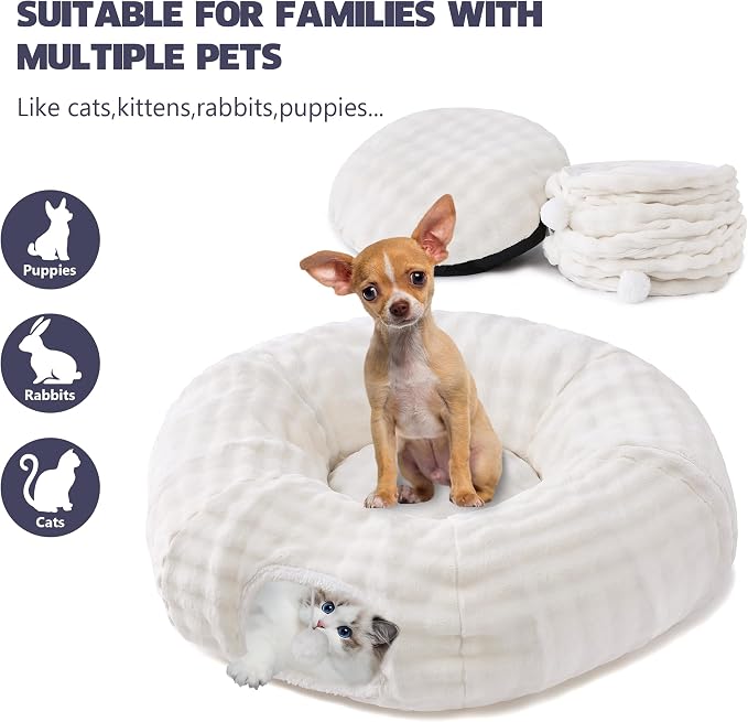Bubble Cat Tunnel for Indoor Cats, Round Peekaboo Cave Toy with Dangling Balls, Donut Tunnel Bed with Circle Mat for Puppy Kitten Rabbit, Cream White