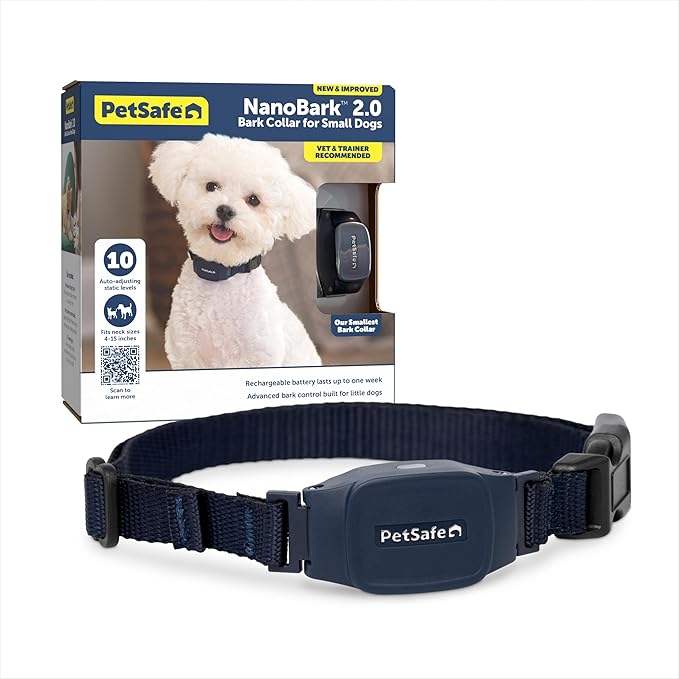 PetSafe NanoBark 2.0 Bark Collar for Small Dogs Lightweight, Adjustable 4-15" Neck Smart Bark Detection Auto-Adjusting Static Correction Waterproof & Rechargeable Up to 7 Days Battery