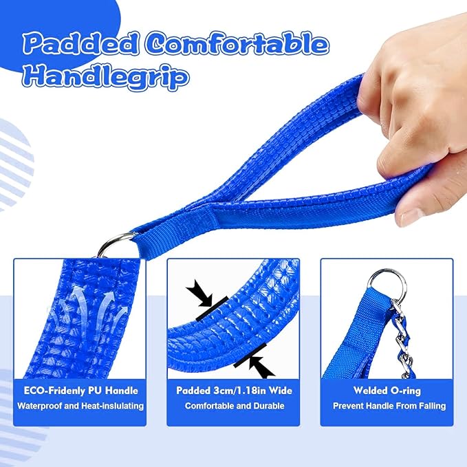 Heavy Duty Metal Dog Chain Leash with Comfortable PU Leather Padded Handle, Chew Proof for Medium Large Pooch Walking Training (6FT 3.5mm Blue)