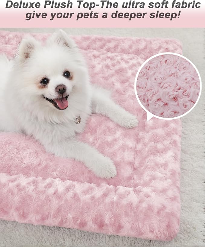 Washable Dog Bed Mat Crate Pad Soft Fluffy Pet Kennel Beds Dog Sleeping Mattress for Large Jumbo Medium Small Dogs, 48 x 30 Inch, Pink