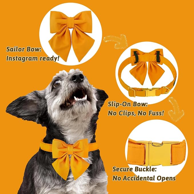 Maca Bates Mango Yellow Dog Collar with Cute Solid Sailor Bow Tie for Large Girl Boy Dogs,Adjustbale Durable Breakaway Soft Collars with Bowtie for Female Male Puppy,Pet with Metal Buckle