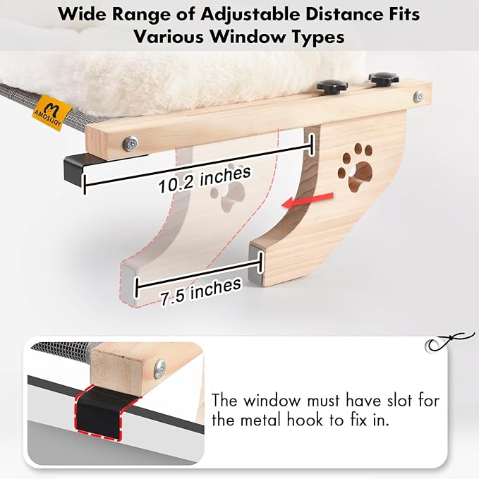 AMOSIJOY Cat Sill Window Perch Sturdy Hammock Window Seat with Cushion Bed Cover, Wood & Metal Frame for Large Cats, Easy to Adjust Cat Bed for Windowsill, Bedside, Drawer and Cabinet(Cushion Bed)