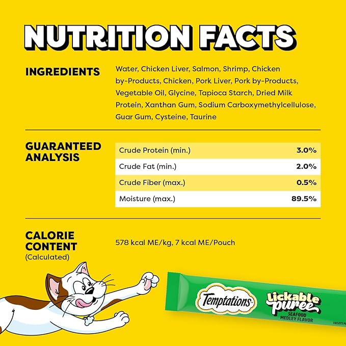 Temptations Creamy Puree Squeezable Lickable Cat Treats, Wet Cat Treats with Salmon and Shrimp, 0.42 oz. Tubes, 16 Count