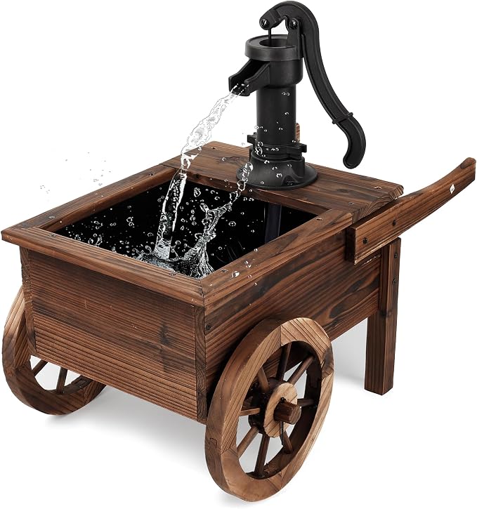 OIPRTGFJ Outdoor Water Fountain,Cute Floor Wooden Wagon Pump Old-Fashioned Fountain with Flower Box,Electric Decorative Hand Pump, Outdoor Water Feature for Garden Patio Backyard(Electric Wagon Pump)