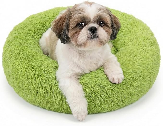 Calming Donut Dogs Beds for Small Dogs Washable,23inch Plush Round Pet Bed for Cozy Sleep,Fluffy Faux Fur Large Cat Bed,Fits up to 25 lbs Pets,Green