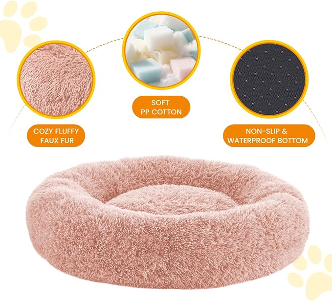 Calming Dog Beds for Large Dogs, Faux Fur Donut Cuddler Dog Bed, Round Fluffy Pillow, Washable Pet Bed for Dogs Up to 80Lbs, 36inch
