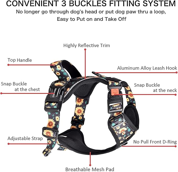 Petmolico No Pull Dog Harness Set with Leash Attachment Easy Control Handle Reflective Harness Vest Small Breed, Puppy Vest and Leash Set with Poop Bag Holder, Large - Sunflower