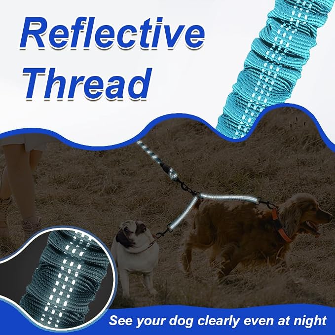 MingXpets Double Dog Leash, Dual Dog Leash, 360° Swivel Tangle Free Bungee Walking Training for Large Medium Dogs, Shock Absorbing Bungee Reflective for Two Dogs, 18~120 lbs, Blue
