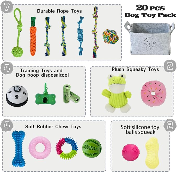 MRSOHRET 20Pcs Puppy Chew Toys for Teething, Dog Chew Toys with Rope Toys, Pet Dog Toothbrush, Treat Balls, Plush Toys and Squeaky Toy for Small Medium Dogs with Basket