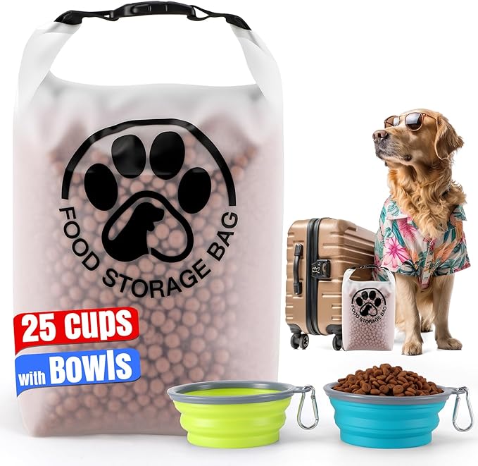 Pet Food Storage Bag for Travel - Transparent Leak-Proof Dog Food Container with Roll-Top Closure, Keeps Kibble Fresh for Camping Trip, Dog Boarding, Weekend Getaways (25 Cups+bowl)