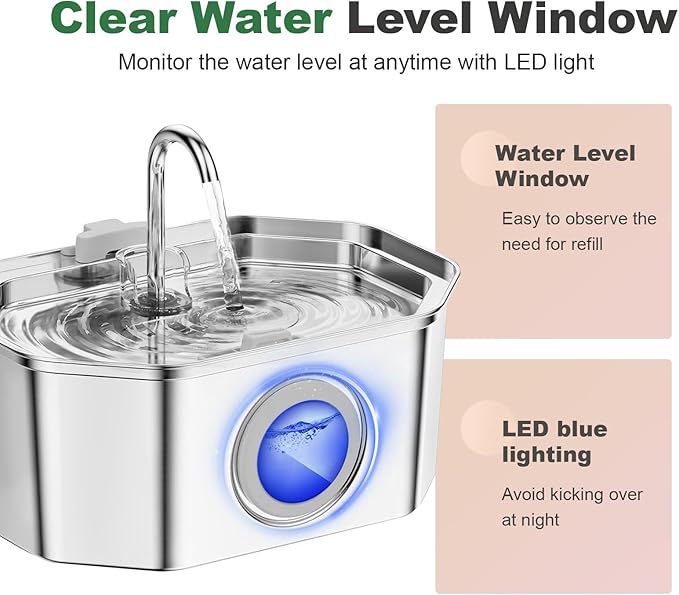 Cat Water Fountain, Apauk 108oz/3.2L Silent cat Water Fountain Stainless Steel, Cat Fountain, Automatic Dog Water Fountain,Controllable Blue Light - (6 Filters& 6 Sponges)
