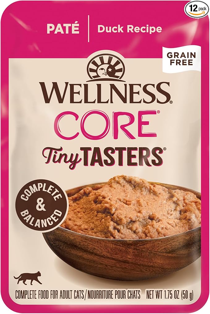 Wellness CORE Tiny Tasters Pate Adult Wet Cat Food, Natural, Protein Rich, Grain Free, Duck Recipe, 1.75 oz, Pack of 12 Pouches