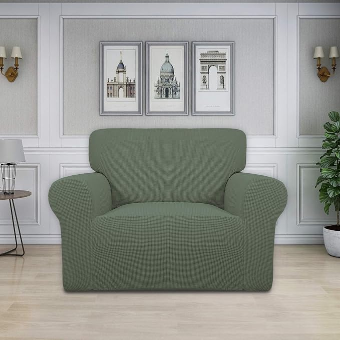 Easy-Going Stretch Oversized Chair Sofa Slipcover 1-Piece Couch Sofa Cover Furniture Protector Soft with Elastic Bottom for Kids Spandex Jacquard Fabric Small Checks Greyish Green
