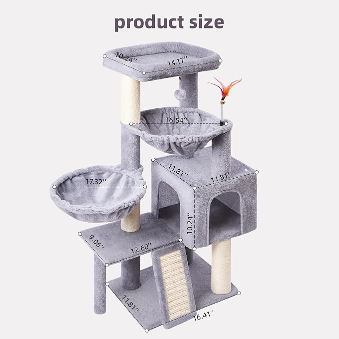 Cat Tree with Cat Condo and Two Hammocks, Cat Tree with Scratching Posts and Scratching Pads, Cat Tower for Indoor Cats, Activity Centre Climbing Tree with Playful Toy Balls, Grey