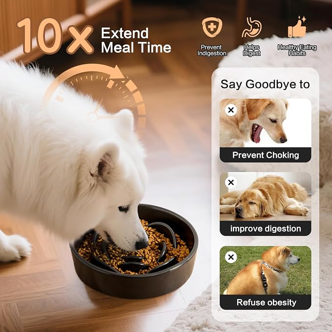 8.25'' Ceramic Slow Feeder Dog Bowls - Petal Shape Modern Dog Food Dish for Medium and Large Breeds, Puzzle Maze Bowl to Slow Down Eating, Anti-Gulping, Dishwasher & Microwave Safe, Black