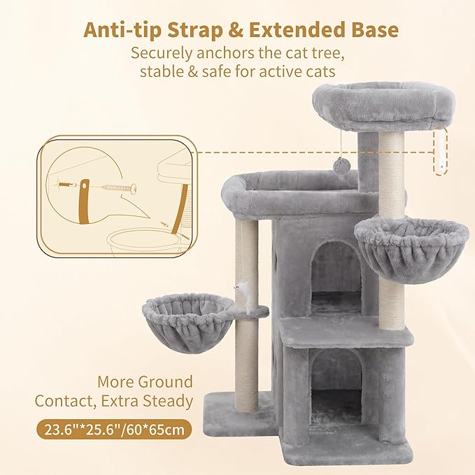 Heybly Cat Tree with Reinforced Big Base, 41.3-Inch Sturdy Cat Tower for Indoor Cats Featuring 2 Roomy Platforms, Double Cat Condo, 2 Cozy Baskets, Full Sisal Scratching Posts, Light Gray HCT075W