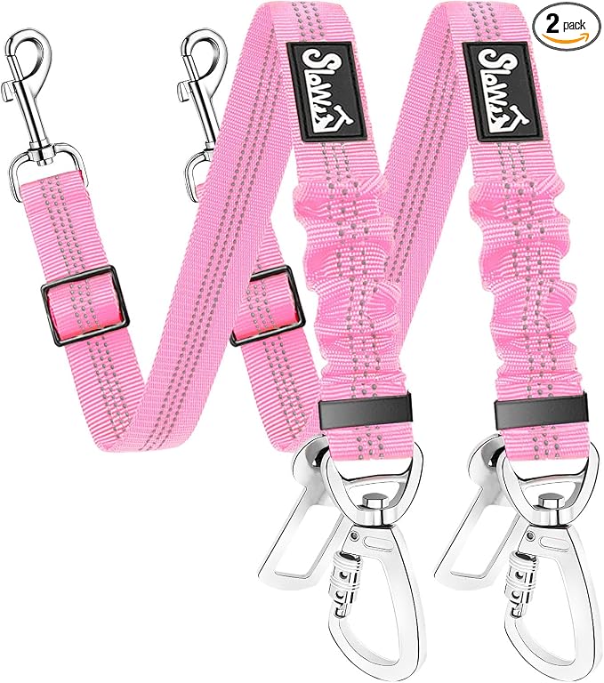 SlowTon Dog Seatbelt, 2 Pack Dog Seat Belt Car Leash Adjustable Elastic Bungee Buffer Heavy Duty Nylon Reflective Pet Safety Tether Connect to Dog Harness for Travel Riding in Vehicle (Daul Clip, PI)