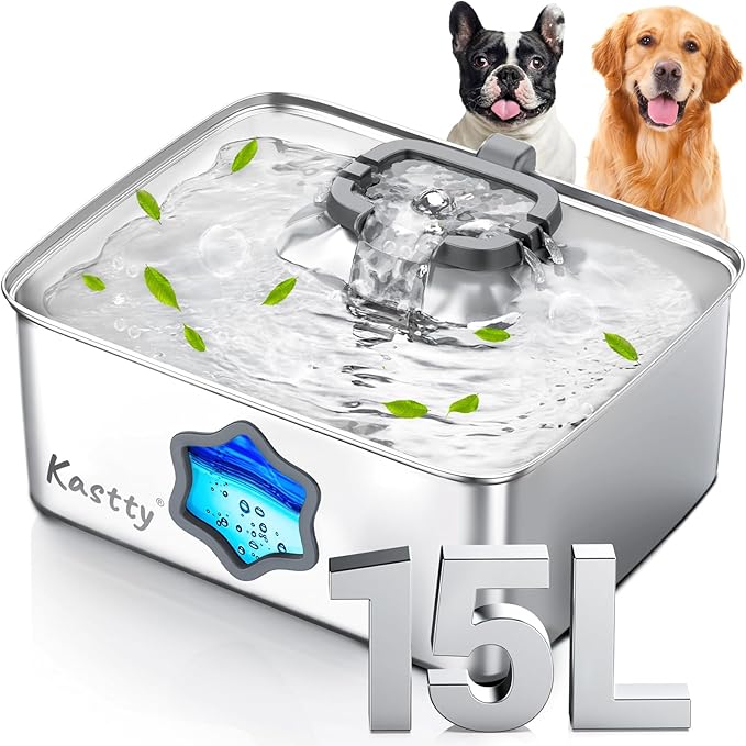 Kastty Large Dog Water Fountain, 15l/4gal Stainless Steel AUTO Pet Water Bowl Dispenser Indoor, 5-Stage Filtration, Dual-Color LED, Visual Window, Quiet, for Large Medium Dogs & Multi-Pet, FS81